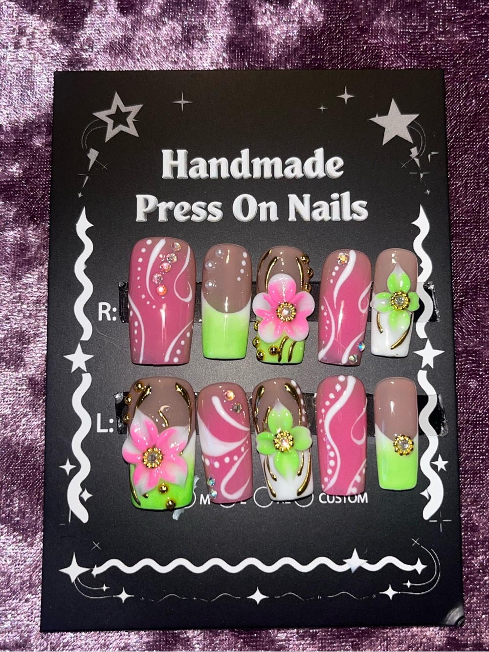 Handmade Pink & Green Press-On Nails with Floral Accents